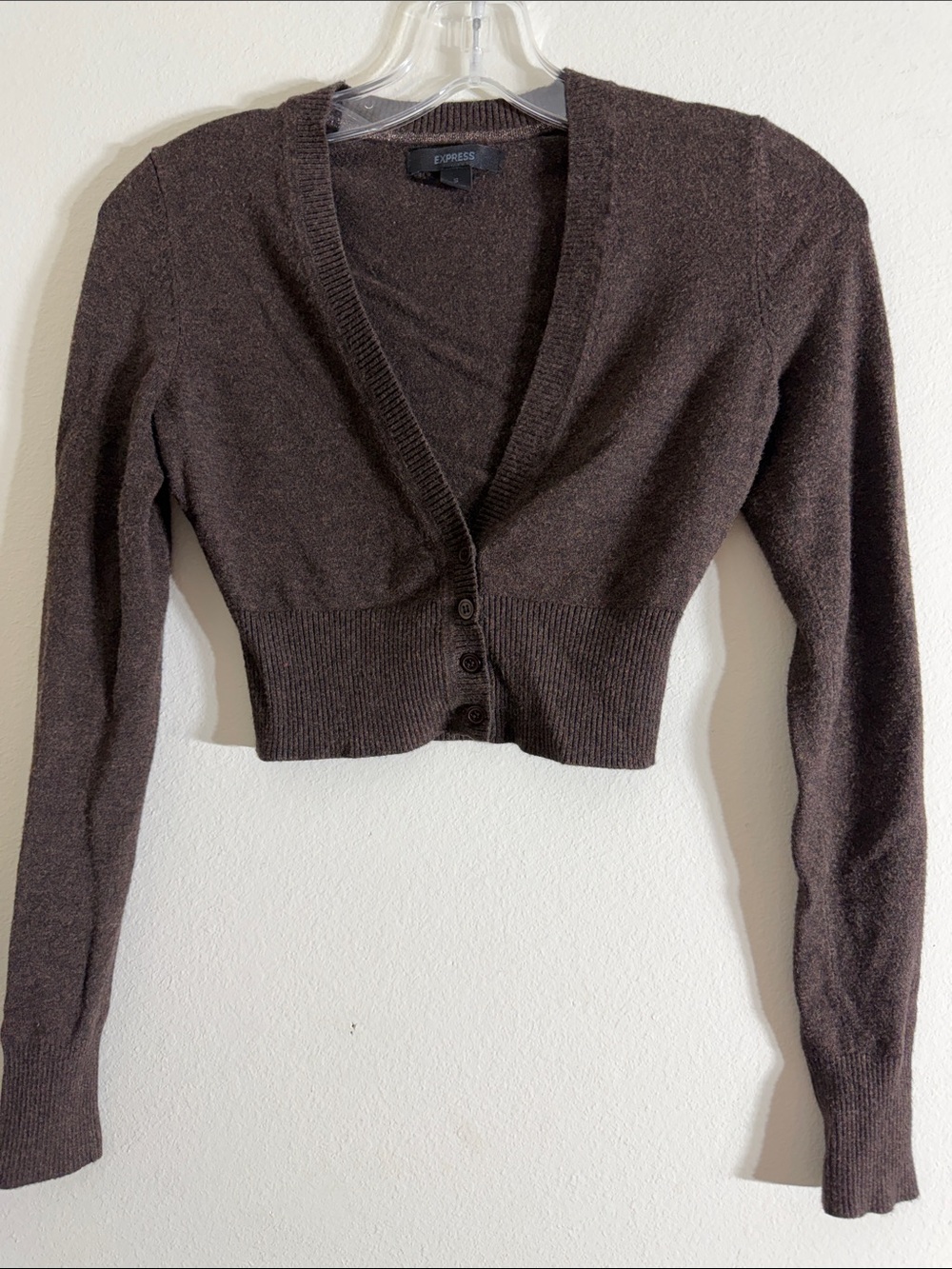 Express Dark Brown Cropped V-Neck Button Cropped Cardigan